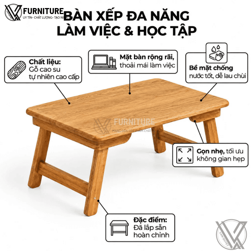 Bàn trà gỗ cao su ngồi bệt kiểu Nhật gấp gọn
