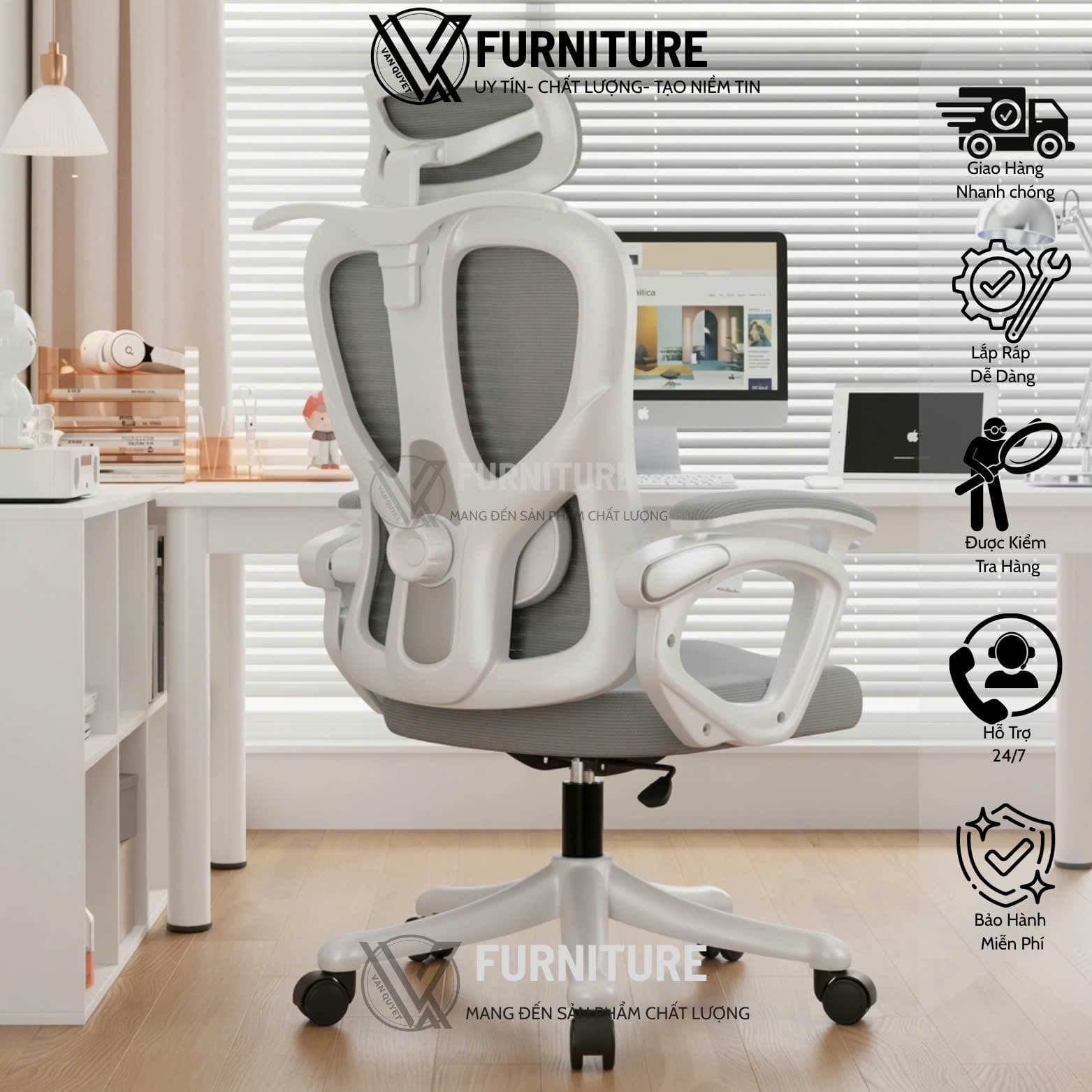 Ghế Xoay Văn Phòng Công Thái Học VQ- K02 Ngả Lưng , Gác Chân, Tựa Đầu Tùy Chỉnh Nệm Đàn Hồi Êm Ái
