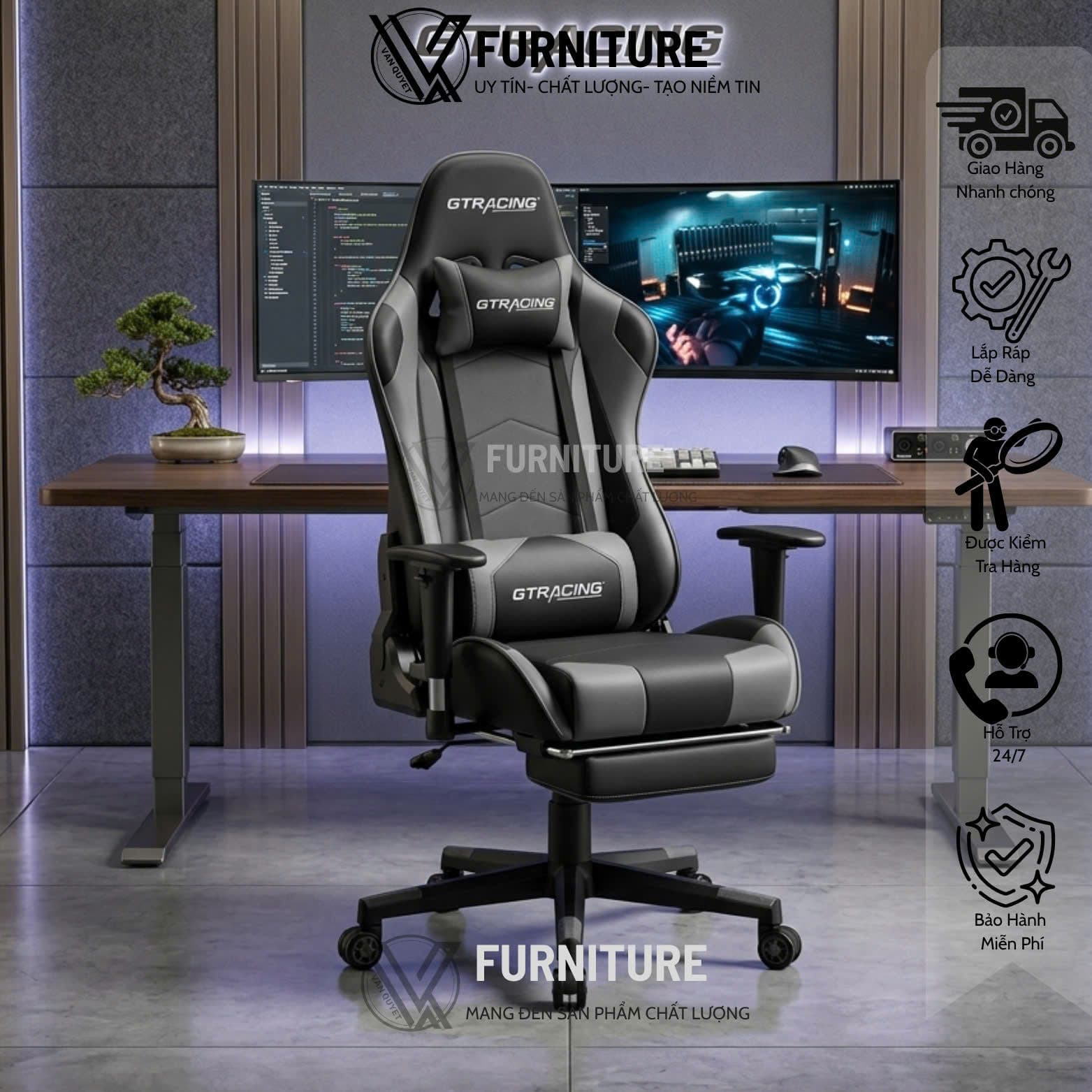 Ghế Gaming Streamer Gt-Racing VQ1388 - Ngả Lưng 180º , Da Pu Nano Thoáng Khí Có Gác Chân Tiện Lợi